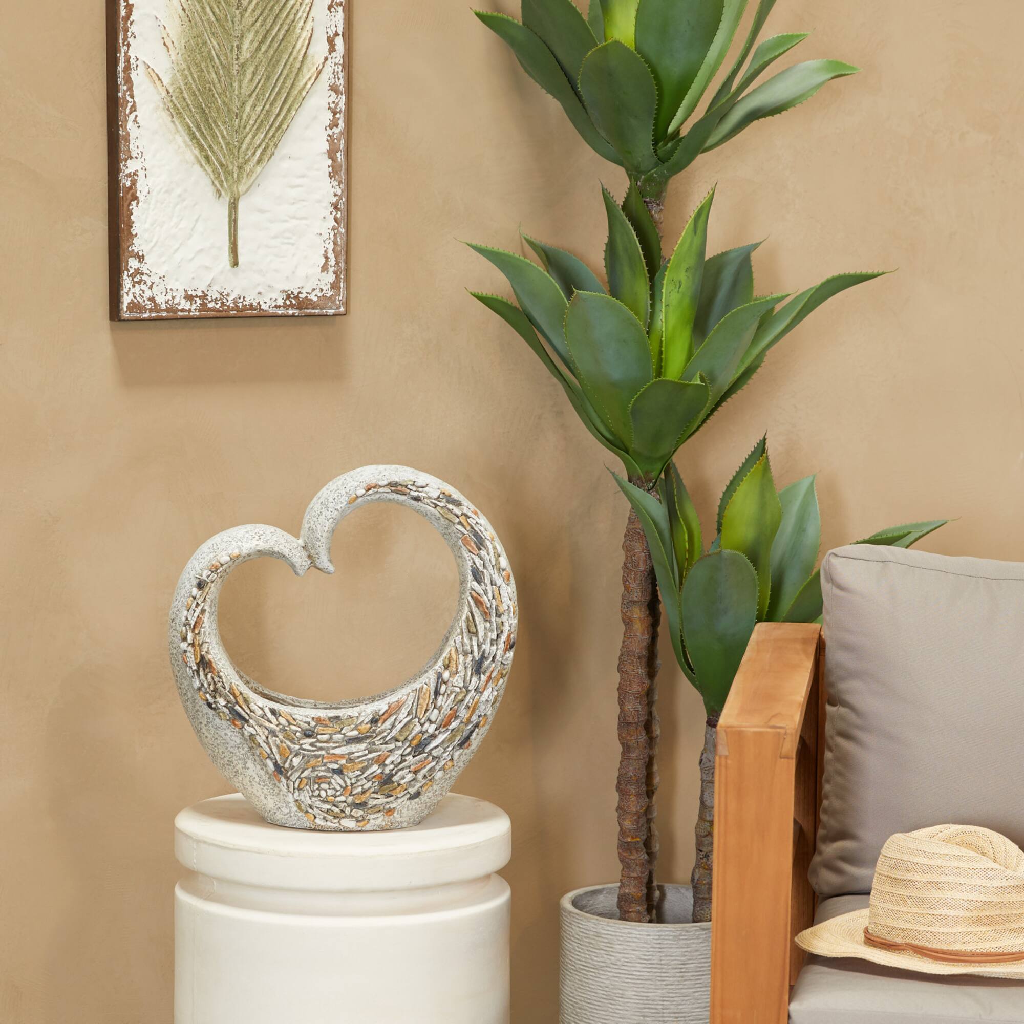 16" Gray Fiberglass Planter with Stone Mosaic Design